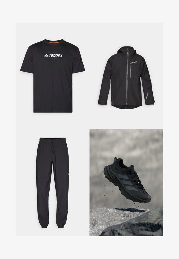 Černá nepromokavá bunda z Gore-Texu s kapucí, předním zipem a dvěma bočními kapsami. Na hrudi má logo TERREX.; Černé tričko s krátkým rukávem vyrobené z jemné látky, s kulatým výstřihem a bílým logem "TERREX" na hrudi.; Černé sportovní kalhoty vyrobené z lehké tkaniny, s páskem na šňůrku, bočními kapsami a zúženými manžetami na kotnících.; Černá turistická obuv s texturovaným svrškem, třemi šedými pruhy a polstrovaným límcem. Má robustní podrážku pro trakci a stabilitu.
