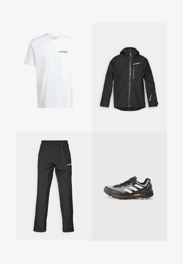 Casaco preto à prova d'água feito de Gore-Tex com capuz, fecho éclair frontal e dois bolsos laterais. Apresenta um logótipo TERREX no peito.; T-shirt de algodão branca com mangas curtas, apresentando um pequeno logótipo preto "TERREX" na área do peito à esquerda. Design clássico de gola redonda.; Calças impermeáveis pretas feitas de tecido leve, com um cós elástico e um bolso lateral com fecho. Design simples e ajustado.; Sapatilha de trail running leve com parte superior em malha cinza e preta, detalhes em laranja e uma sola robusta para tração. Forro impermeável em Gore-Tex.
