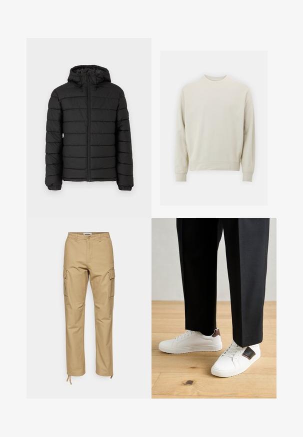Schwarze Pufferjacke mit Kapuze, gestepptem Design, Frontreißverschluss, elastischen Bündchen und glatter Textur, die Wärme und Isolation bietet.; Helles beiges Sweatshirt aus weichem Stoff mit Rundhalsausschnitt, langen Ärmeln und gerippten Bündchen und Saum. Minimalistisches Design, keine sichtbaren Muster.; Khaki Cargo-Hosen mit geradem Schnitt, aus Baumwolle gefertigt. Zu den Merkmalen gehören Seitentaschen, ein Knopfverschluss und verstellbare Knöchelbindungen.; Weiße Sneakers mit glatter Textur, versehen mit braunen Lederakzenten und schwarzen Details, kombiniert mit schwarzen maßgeschneiderten Hosen. Hintergrund aus Holzboden.