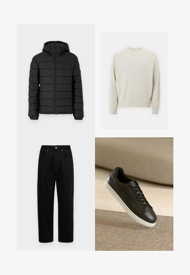 Μαύρο μπουφάν με κουκούλα, σχέδιο με καπιτονέ, μπροστινό φερμουάρ, ελαστικές μανσέτες και λεία υφή, προσφέροντας ζεστασιά και μόνωση.; Ανοιχτό μπεζ φούτερ φτιαγμένο από μαλακό ύφασμα με στρογγυλή λαιμόκοψη, μακριά μανίκια και ριμπ ύφανση στις μανσέτες και το ποδόγυρο. Μινιμαλιστικός σχεδιασμός, χωρίς ορατά μοτίβα.; Μαύρες τζιν παντελόνες με ίσια γραμμή, σχέδιο πέντε τσέπες, μεταλλικό κούμπωμα και διακριτή υφή.; Μαύρο δερμάτινο αθλητικό παπούτσι με λευκή ελαστική σόλα και μαύρες κορδόνες, τοποθετημένο σε μια μπεζ υφασμάτινη επιφάνεια και φόντο.