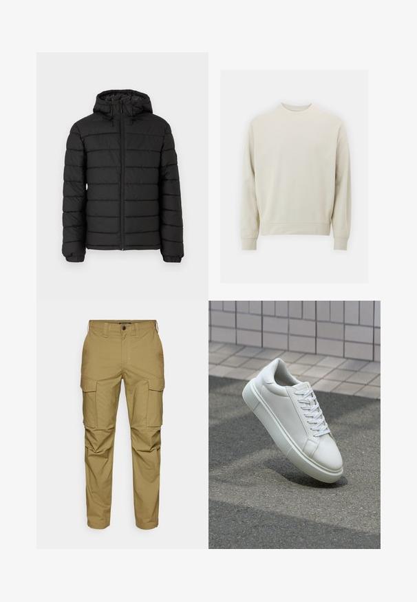 Čierna bomberová bunda s kapucňou, prešívaný dizajn, predný zips, elastické manžety a hladká textura, poskytujúca teplo a izoláciu.; Svetlo béžová mikina vyrobená z mäkkej tkaniny s okrúhlym výstrihom, dlhými rukávmi a pruhovanými manžetami a lemom. Minimalistický dizajn, bez viditeľných vzorov.; Khaki cargo nohavice vyrobené z bavlneného zmesi, s viacerými bočnými vreckami, rovný strih, svetlé švy a zapínanie na gombík v páse.; Biele kožené tenisky s hladkým povrchom, okrúhlym špičkou a plochými bielymi šnúrkami. Obsahuje štruktúrovanú gumovú podrážku a minimalistický dizajn.