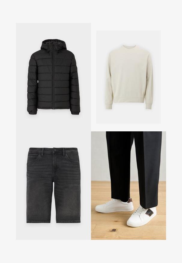 Černá péřová bunda s kapucí, prošívaný design, přední zip, elastické manžety a hladká textura, nabízí teplo a izolaci.; Světle béžová mikina vyrobená z jemné látky s kulatým výstřihem, dlouhými rukávy a pružnými manžetami a spodním lemem. Minimalistický design, bez viditelných vzorů.; Černé džíny kraťasy s rovným střihem, pěti kapsami a zapínáním na knoflík. Mají mírné opotřebení a robustní texturu látky.; Bílé tenisky s hladkým povrchem, s hnědými koženými akcenty a černými detaily, kombinované s černými kalhotami na míru. Pozadí tvoří dřevěná podlaha.