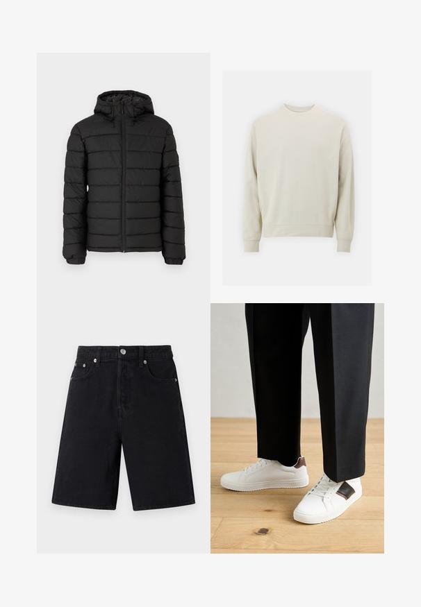 Černá péřová bunda s kapucí, prošívaný design, přední zip, elastické manžety a hladká textura, nabízí teplo a izolaci.; Světle béžová mikina vyrobená z jemné látky s kulatým výstřihem, dlouhými rukávy a pružnými manžetami a spodním lemem. Minimalistický design, bez viditelných vzorů.; Černé džíny šortky s rovný střihem. Mezi jejich rysy patří zipový klín, pět kapes, stříbrné kovové detaily a jemný texturovaný povrch.; Bílé tenisky s hladkým povrchem, s hnědými koženými akcenty a černými detaily, kombinované s černými kalhotami na míru. Pozadí tvoří dřevěná podlaha.