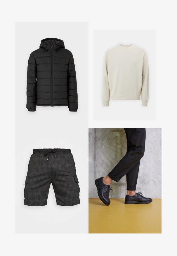 Μαύρο μπουφάν με κουκούλα, σχέδιο με καπιτονέ, μπροστινό φερμουάρ, ελαστικές μανσέτες και λεία υφή, προσφέροντας ζεστασιά και μόνωση.; Ανοιχτό μπεζ φούτερ φτιαγμένο από μαλακό ύφασμα με στρογγυλή λαιμόκοψη, μακριά μανίκια και ριμπ ύφανση στις μανσέτες και το ποδόγυρο. Μινιμαλιστικός σχεδιασμός, χωρίς ορατά μοτίβα.; Μαύρο καρό cargo σορτσάκι με ελαστική μέση, κλείσιμο με κορδόνι και πλαϊνές τσέπες. Φτιαγμένο από υφασμάτινη επιφάνεια.; Μαύρα δερμάτινα παπούτσια με κορδόνια και στρογγυλή μύτη, υφασμάτινη επιφάνεια και παχύ ελαστικό πάτο. Φορεμένα με ριγμένες μαύρες παντελόνες σε έναν τσιμεντένιο φόντο.