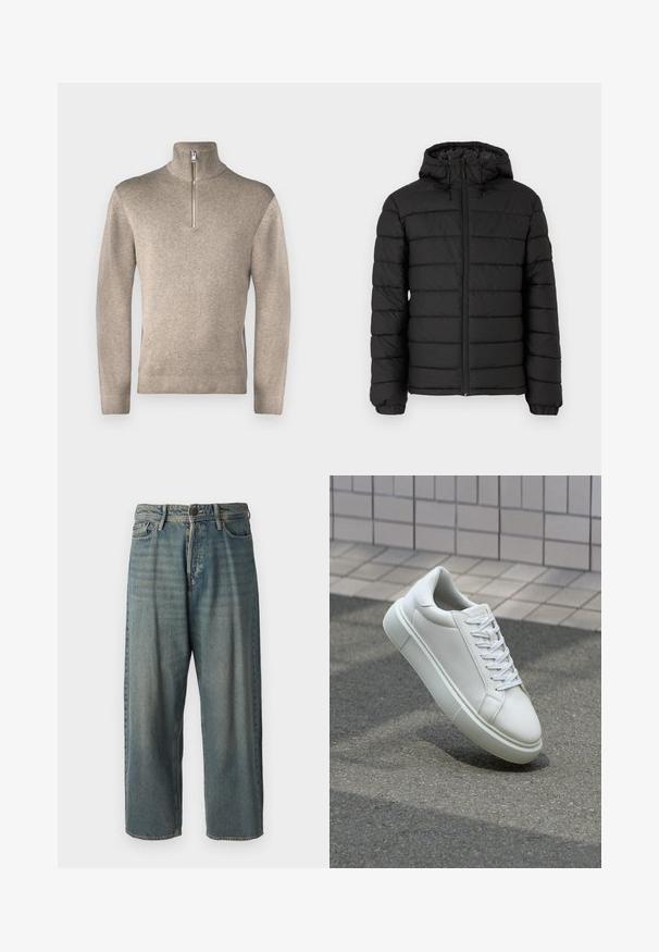 Must musta jope kapuutsiga, vatitud disainiga, ees lukuga, elastsete mansettidega ja siledast tekstuurist, pakkudes soojust ja isolatsiooni.; Jack & Jones PREMIUM JPRBLAMILANO HALF ZIP - Džemper - greige; Heledad sinine denim-stiilis teksad, volüümse lõike, keskmise kõrgusega talje ja sirgete säärega. Omab viit taskut, vöökumme ja nööpide sulgemist.; Valge nahkline sneka, millel on sile pind, ümar varvas ja lame valge pael. Omab tekstuuriga kummist talla ja minimaalset kujunduselementi.