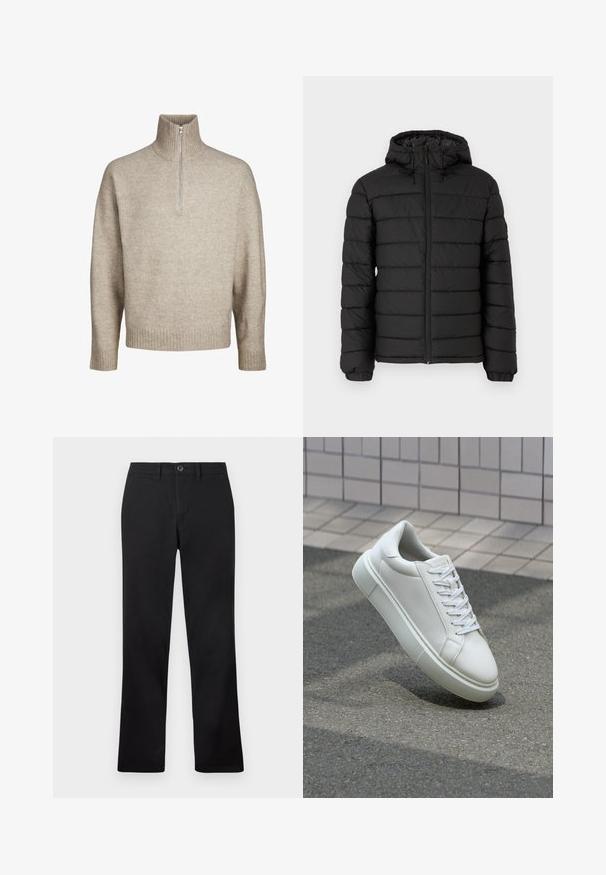 Giacca a vento nera con cappuccio, design trapuntato, zip frontale, polsini elasticizzati e una texture liscia, che offre calore e isolamento.; Jack & Jones JOROLLIE HALF ZIP - Maglione - atmosphere; Pantaloni neri esposti su uno sfondo bianco, caratterizzati da un design a gamba dritta e una chiusura con bottone in vita.; Sneaker bianco in pelle con superficie liscia, punta rotonda e lacci piatti bianchi. Presenta una suola in gomma texturizzata e un design minimale.