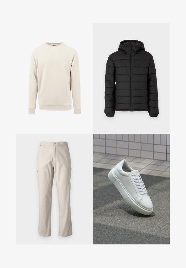 Giacca a vento nera con cappuccio, design trapuntato, zip frontale, polsini elasticizzati e una texture liscia, che offre calore e isolamento.; Felpa beige chiaro realizzata in tessuto morbido, con scollo rotondo, maniche lunghe e polsini a costine alle maniche e all'orlo.; Pantaloni cargo beige realizzati in cotone resistente con gambe dritte, chiusura frontale con bottone e tasche laterali per utility. Texture liscia con cuciture sottili.; Sneaker bianco in pelle con superficie liscia, punta rotonda e lacci piatti bianchi. Presenta una suola in gomma texturizzata e un design minimale.