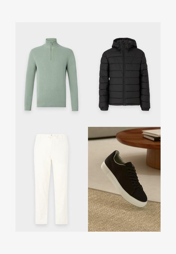 Fekete, kapucnis puffertakó, steppelt mintával, elöl cipzárral, rugalmas mandzsettákkal és sima textúrával, mely melegséget és szigetelést biztosít.; Világoszöld kötött pulóver magas gallérral és negyed cipzárral, bordázott mandzsettákkal és aljjal, texturált megjelenést biztosítva.; Fehér, könnyű vászon nadrág, húzózsinórral a deréknál. Egyenes szárú kialakítás, minimális textúrával és látható minták vagy hardver részletek nélkül.; Fekete sneakers fehér talppal lebeg egy bézs textúrájú szőnyeg felett, egy kerek fából készült asztal közelében, rajta egymásra pakolt könyvekkel.