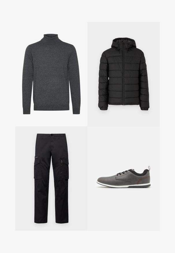 Černá péřová bunda s kapucí, prošívaný design, přední zip, elastické manžety a hladká textura, nabízí teplo a izolaci.; Šedý rolák vyrobený z měkké pleteniny. Má žebrovaný výstřih a manžety, dlouhé rukávy a jednoduchý, nezdobený design.; Černé cargo kalhoty s několika kapsami, zipovou kapsou na stehnu, přímým střihem a pevnou bavlněnou tkaninou s lehkým leskem.; Šedé kožené boty s černými akcenty, s kulatou špičkou, šněrovacím designem, bílou podrážkou a malým poutkem na patě.