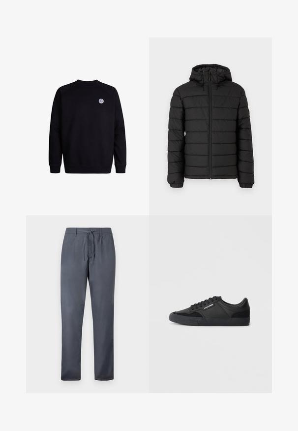 Schwarze Pufferjacke mit Kapuze, gestepptem Design, Frontreißverschluss, elastischen Bündchen und glatter Textur, die Wärme und Isolation bietet.; Schwarzer Sweatshirt mit rundem Halsausschnitt und langen Ärmeln. Verfügt über ein kleines, rundes Logo auf der oberen linken Brust. Weicher Stoff.; Graue Hose aus glattem Stoff, mit einem Kordelzugverschluss und Seitentaschen. Gerades Bein Design mit sauberer Verarbeitung.; Schwarze Sneaker aus einer Mischung von Leder und Wildleder, mit runden Schnürsenkeln, einer strukturierten Gummisohle und einem Markenlogo an der Seite.