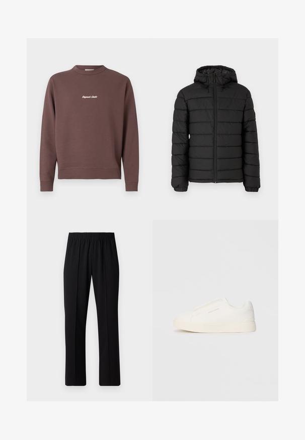 Must musta jope kapuutsiga, vatitud disainiga, ees lukuga, elastsete mansettidega ja siledast tekstuurist, pakkudes soojust ja isolatsiooni.; Pruun sweatshirt, millel on ümmargune kaelus, soonikkoes allääre ja varrukaotsade juures. Rinnal on valge tikand "Original Studio". Puuvillasegu materjal.; Mustad, elastse puusärgid sirge säärega, mis on sileda tekstuuriga ja ilma nähtavate mustrite või riistadega.; Valged libisemiskindlad tossud tekstuuriga pinnaga, paksu tallaga ja minimalistikus disainis. Küljel on brändi logo.