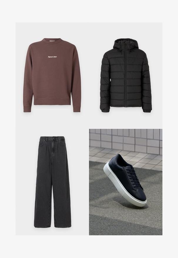 Juodas pūkinis švarkas su gobtuvu, siuvinėta medžiaga, priekinis užtrauktukas, elastingi rankogaliai ir švelni tekstūra, teikianti šilumą ir izoliaciją.; Rudas džemperis su apykakle, su raštuotu apačia ir rankogaliais. Krūtinėje yra balta siuvinėta užrašas "Original Studio". Pagamintas iš medvilnės mišinio.; Plačios kojos, aukšto juosmens juodos džinsinės kelnės su priekiniais mygtukais ir užtrauktuku, turinčios šonines kišenes ir lygią tekstūrą.; Juodas odinis sportbačius su apvaliu pirštu ir baltu gumuotu padu. Turi plokščias raišteles ir minimalų siuvimą viršuje. Padangos tekstūra užtikrina sukibimą.