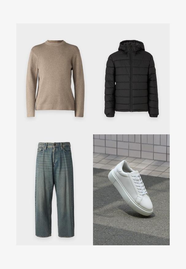 Schwarze Pufferjacke mit Kapuze, gestepptem Design, Frontreißverschluss, elastischen Bündchen und glatter Textur, die Wärme und Isolation bietet.; Beige Pullover mit Rundhalsausschnitt, langen Ärmeln, gerippten Bündchen und einem weichen, strukturierten Stoff. Hat ein schlichtes Design und eine lockere Passform.; Helle blaue Denim-Jeans mit lockerer Passform, mittelhoher Taille und geraden Beinen. Hat fünf Taschen, Gürtelschlaufen und einen Knopfverschluss.; Weiße Leder-Sneaker mit glatter Oberfläche, runder Zehenpartie und flachen weißen Schnürsenkeln. Verfügt über eine strukturierte Gummisohle und minimalistische Designelemente.