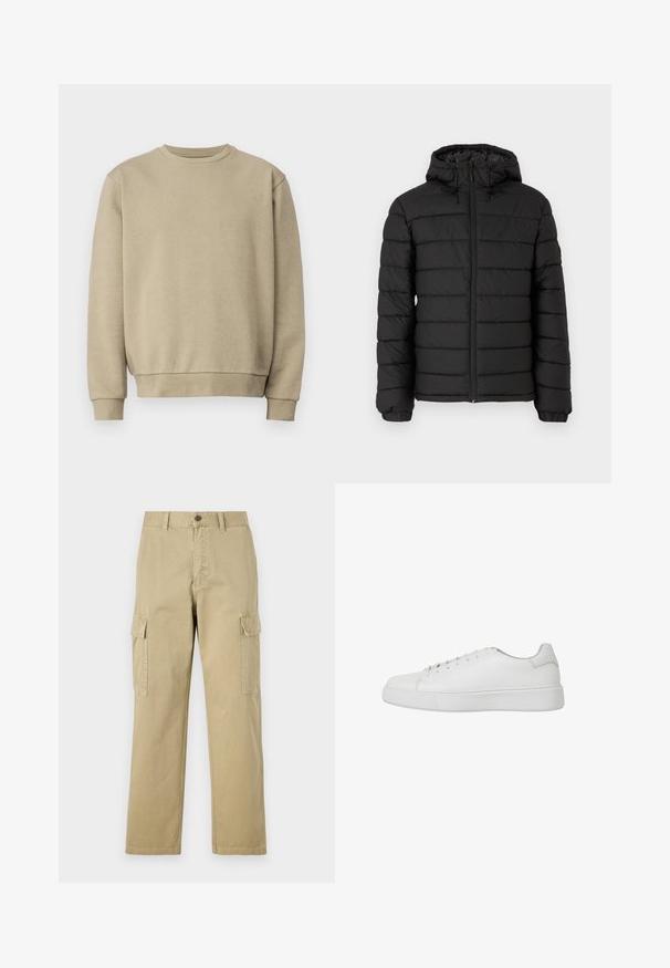 Črna napihnjena jakna s kapuco, prešita zasnova, sprednji zadrga, elastični manšeti in gladka tekstura, ki nudi toploto in izolacijo.; Bež majica s rundastim izrezom, rebrastim manžetama i rubom. Izrađena od mekog materijala, s glatkom teksturom i minimalisticnim dizajnom.; Bež hlače s cargo krojem iz bombaža, z dvema stranskima žeparm, gumbom za zapiranje in ravnimi nogavicami iz rahlo teksturirane tkanine.; Bela teniska iz gladke usnjene površine z zaobljenim nosom, šivanim detajli in ravnim gumijastim podplatom. Minimalistična zasnova z vezalnim zapiranjem.