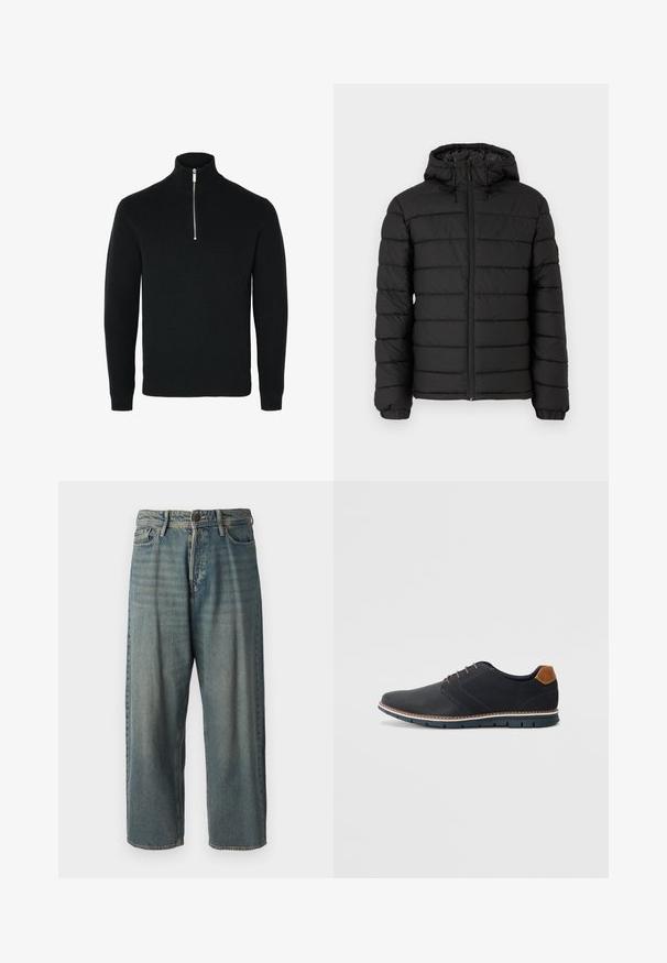 Casaco puffer preto com capuz, design acolchoado, fecho frontal com zíper, punhos elásticos e uma textura suave, oferecendo calor e isolamento.; Sweater preto de malha com gola à zip, apresentando um design texturizado, com fecho frontal em zip e punhos e bainha canelados.; Jeans de ganga azul claro com um corte solto, cintura média e pernas retas. Apresenta cinco bolsos, passadores de cinto e fecho com botão.; Sapatos sintéticos pretos com um upper texturizado, pormenores lisos, salto castanho e uma sola contrastante. Apresentam um sistema de atacadores mínimo e detalhes de costura.