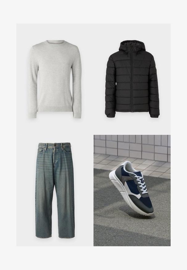 Schwarze Pufferjacke mit Kapuze, gestepptem Design, Frontreißverschluss, elastischen Bündchen und glatter Textur, die Wärme und Isolation bietet.; Hellgrauer Strickpullover mit rundem Ausschnitt, langen Ärmeln, strukturiertem Muster und gerippten Säumen und Bündchen. Weicher, atmungsaktiver Stoff.; Helle blaue Denim-Jeans mit lockerer Passform, mittelhoher Taille und geraden Beinen. Hat fünf Taschen, Gürtelschlaufen und einen Knopfverschluss.; Sneaker mit einem Obermaterial aus navyblauem Mesh, grauen Wildlederelementen, einer weißen Gummisohle und flachen weißen Schnürsenkeln, entworfen für Komfort und Atmungsaktivität.