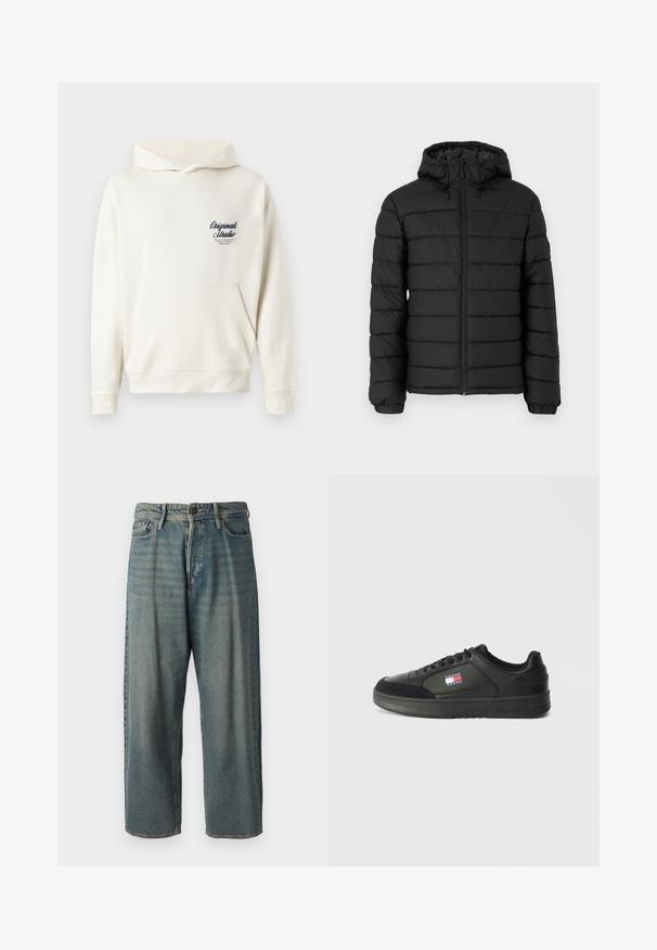 Czarna kurtka puchowa z kapturem, pikowany design, zamek błyskawiczny z przodu, elastyczne mankiety oraz gładka faktura, zapewniająca ciepło i izolację.; Kremowa bluza z kapturem wykonana z miękkiego materiału, z przednią kieszenią, ściągaczami przy mankietach oraz małym haftowanym logo na piersi.; Jasnoniebieskie dżinsy o luźnym kroju, średnim stanie i prostych nogawkach. Posiadają pięć kieszeni, szlufki na pasek oraz zapięcie na guzik.; Czarne sportowe sneakersy z gładkiej skóry i zamszowymi akcentami, zaokrąglony czubek, sznurowane z przodu i mała naszywka z logo z boku.