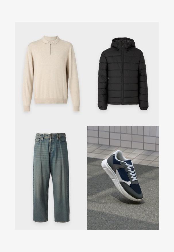 Μαύρο μπουφάν με κουκούλα, σχέδιο με καπιτονέ, μπροστινό φερμουάρ, ελαστικές μανσέτες και λεία υφή, προσφέροντας ζεστασιά και μόνωση.; Μπεζ μακρυμάνικη μπλούζα με γιακά και φερμουάρ. Φτιαγμένη από απαλό υλικό με ριμπ μανσέτες και στρίφωμα.; Ανοιχτό μπλε τζιν παντελόνι με χαλαρή γραμμή, μέση μέσου ύψους και ευθείες γραμμές. Περιλαμβάνει πέντε τσέπες, θηλιές ζώνης και κούμπωμα με κουμπί.; Αθλητικά παπούτσια με επάνω μέρος από ναυτικό μπλε διχτυωτό ύφασμα, γκρι σουέτ λεπτομέρειες, λευκή καουτσούκ σόλα και επίπεδα λευκά κορδόνια, σχεδιασμένα για άνεση και αερισμό.