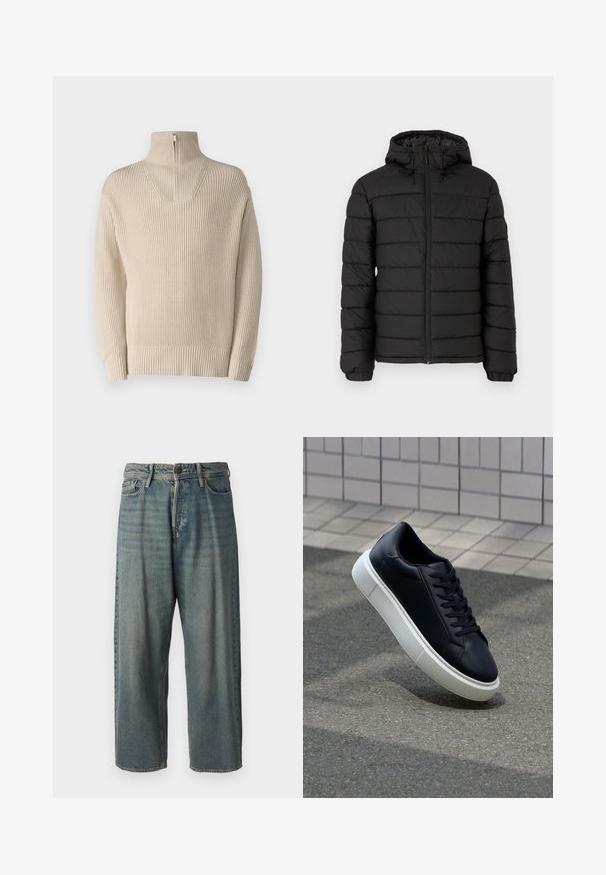 Casaco puffer preto com capuz, design acolchoado, fecho frontal com zíper, punhos elásticos e uma textura suave, oferecendo calor e isolamento.; Pulôver de malha bege com colarinho alto, apresentando um fecho de meia-zíper e textura canelada nas mangas e na barra. Design simples, sem padrões.; Jeans de ganga azul claro com um corte solto, cintura média e pernas retas. Apresenta cinco bolsos, passadores de cinto e fecho com botão.; Sapatilha de couro preto com bico arredondado e sola de borracha branca. Apresenta atacadores planos e costuras mínimas na parte superior. Sola texturizada para melhor aderência.