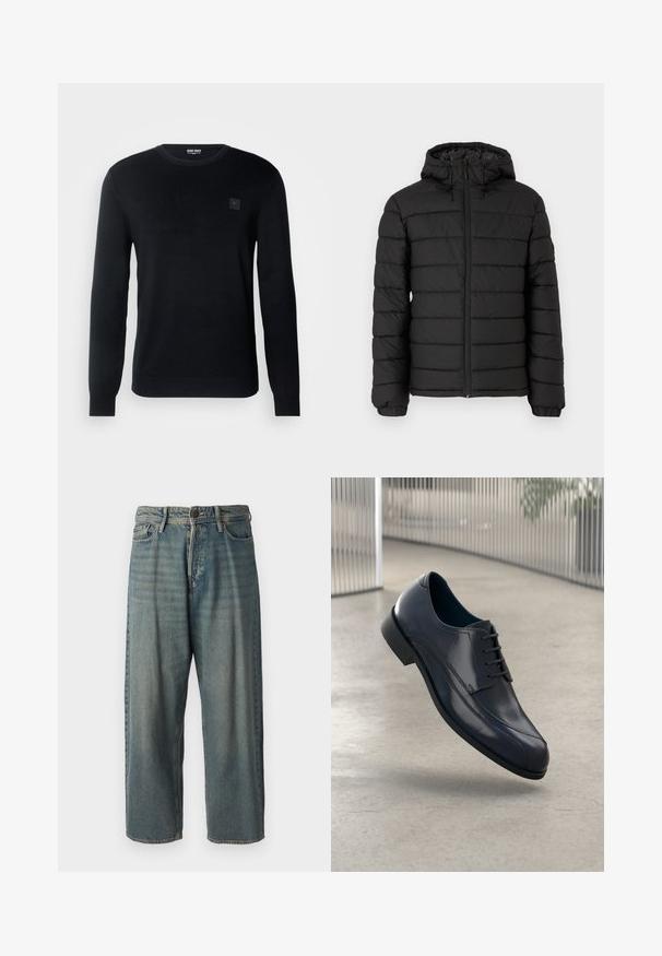 Casaco puffer preto com capuz, design acolchoado, fecho frontal com zíper, punhos elásticos e uma textura suave, oferecendo calor e isolamento.; Sweater preto feito de um material de malha suave. Apresenta um decote redondo e mangas longas, com um discreto emblema no peito.; Jeans de ganga azul claro com um corte solto, cintura média e pernas retas. Apresenta cinco bolsos, passadores de cinto e fecho com botão.; Sapato de dress em couro preto brilhante com atacadores, flutuando acima de um chão liso e cinza claro, com barras metálicas verticais ao fundo.