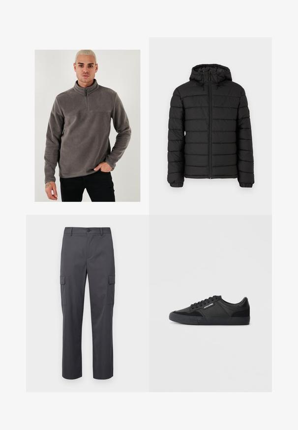 Black puffer jacket with a hood, quilted design, front zipper, elasticated cuffs, and a smooth texture, offering warmth and insulation.; Gray fleece pullover with a quarter-zip collar, long sleeves, and a smooth texture. Accented with a simple seam across the chest.; Charcoal gray cargo pants made of smooth fabric, featuring a straight leg design, two side pockets, and a button closure at the waist.; Black sneakers with a mix of leather and suede materials, featuring round laces, textured rubber sole, and a brand logo on the side.