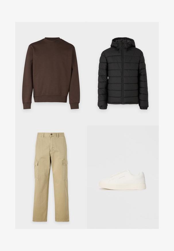 Črna napihnjena jakna s kapuco, prešita zasnova, sprednji zadrga, elastični manšeti in gladka tekstura, ki nudi toploto in izolacijo.; Rjav pulover z okroglim izrezom, izdelan iz gladke bombažne mešanice. Ima rebraste manšete in spodnji rob, enostaven dizajn brez vzorcev ali okraskov.; Bež hlače s cargo krojem iz bombaža, z dvema stranskima žeparm, gumbom za zapiranje in ravnimi nogavicami iz rahlo teksturirane tkanine.; Bele zapete brez vezalk z teksturirano površino, debelim podplatom in minimalističnim dizajnom. Na strani se nahaja logotip blagovne znamke.