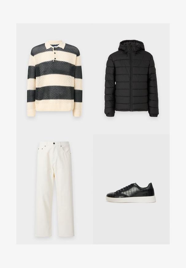 Giacca a vento nera con cappuccio, design trapuntato, zip frontale, polsini elasticizzati e una texture liscia, che offre calore e isolamento.; Pullover in maglia con ampie strisce alternate blu navy e crema, colletto a polo e patta con tre bottoni. Tessuto a rete testurizzato.; Jack & Jones JPSTALEX ORIGINAL - Jeans baggy - antique white; Sneaker nere con una toma superiore in pelle con effetto croc embossato, punta rotonda e suola in gomma bianca a contrasto con una finitura liscia.