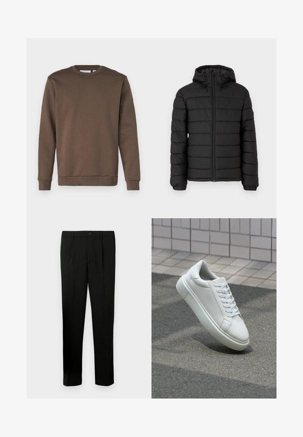 Casaco puffer preto com capuz, design acolchoado, fecho frontal com zíper, punhos elásticos e uma textura suave, oferecendo calor e isolamento.; Only & Sons ONSCERES CREW NECK - Camisola - major brown; Calças pretas ajustadas com frente lisa, duas pregas, fecho com botão, bolsos laterais e corte reto. Feitas de um tecido suave.; Tênis de couro branco com superfície lisa, bico redondo e cadarços brancos planos. Apresenta uma sola de borracha texturizada e elementos de design minimalistas.