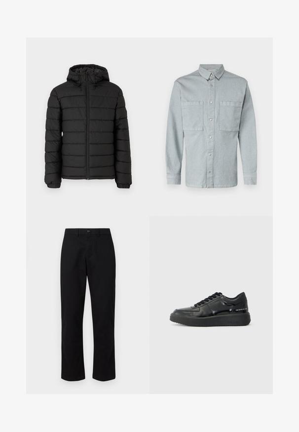 Black puffer jacket with a hood, quilted design, front zipper, elasticated cuffs, and a smooth texture, offering warmth and insulation.; Light blue denim shirt with long sleeves, button-up front, two chest pockets, and silver snap buttons. Classic collar and straight cut.; GAP SLIM PERFORMANCE STRETCH - Chinos - true black; Black leather sneakers with a smooth finish, round toe, and contrasting black rubber sole. Features flat laces and branding on the side.