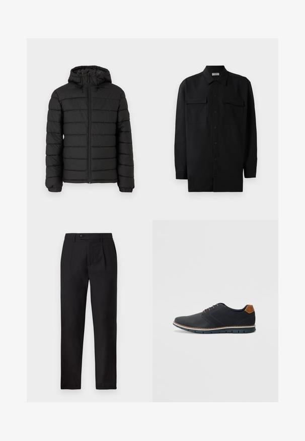 Giacca a vento nera con cappuccio, design trapuntato, zip frontale, polsini elasticizzati e una texture liscia, che offre calore e isolamento.; Camicia nera con bottoni realizzata in tessuto morbido, dotata di colletto classico, due tasche frontali e maniche lunghe con polsini a bottone.; Pantaloni neri realizzati in tessuto testurizzato, caratterizzati da un taglio dritto, pinces frontali e una chiusura con un bottone in vita.; Scarpe sintetiche nere con tomaia testurizzata, dettagli lisci, tacco marrone e suola a contrasto. Presentano una lacerazione minimale e dettagli di cucitura.