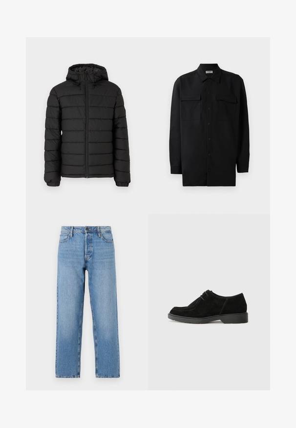 Svart pufferjakke med hette, quiltet design, glidelås foran, elastiske mansjetter og en glatt tekstur som gir varme og isolasjon.; Svart skjorte med knapper laget av glatt stoff, med klassisk krage, to frontlommer og lange ermer med knappe mansjetter.; Lys blå denimjeans med en rett ben-design, med knapp- og glidelås lukking, fem-lommers styling og subtil fading.; Svart semsket pensko med avrundet tå, kontrasterende søm og gummisåle. Har minimal snøring og et glatt overflate-design.