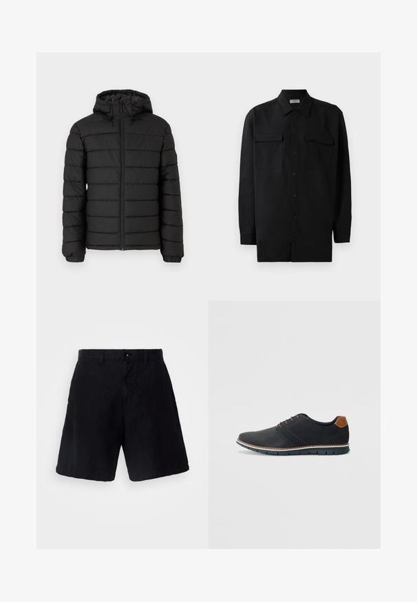 Doudoune noire avec capuche, motif matelassé, fermeture éclair à l'avant, poignets élastiqués et texture lisse, offrant chaleur et isolation.; Chemise noire à manches longues en tissu lisse, dotée d'un col classique, de deux poches devant et de poignets à boutons.; Shorts noirs en tissu léger avec une coupe décontractée, dotés d'une fermeture à bouton, de passants de ceinture et de poches latérales.; Chaussures synthétiques noires avec un dessus texturé, accents lisses, talon marron et semelle contrastante. Présente un laçage minimal et des détails de couture.
