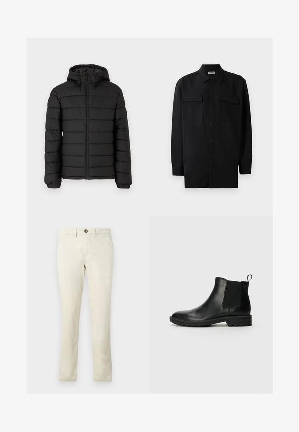 Crna puffer jakna s kapuljačom, sa šivenim uzorkom, prednjim zatvaračem, elastičnim manžetama i glatkom teksturom, koja pruža toplinu i izolaciju.; Crna košulja s dugim rukavima od glatkog materijala, s klasičnom kragnom, dva prednja džepa i dugmadima na manžetama.; Bež pamukove chino hlače s ravnim nogavicama, koje imaju prednje dugme za zatvaranje, dva bočna džepa i glatku, blago teksturiranu tkaninu.; Jack & Jones JFWHOSKINS - Klasične gležnjače - anthracite