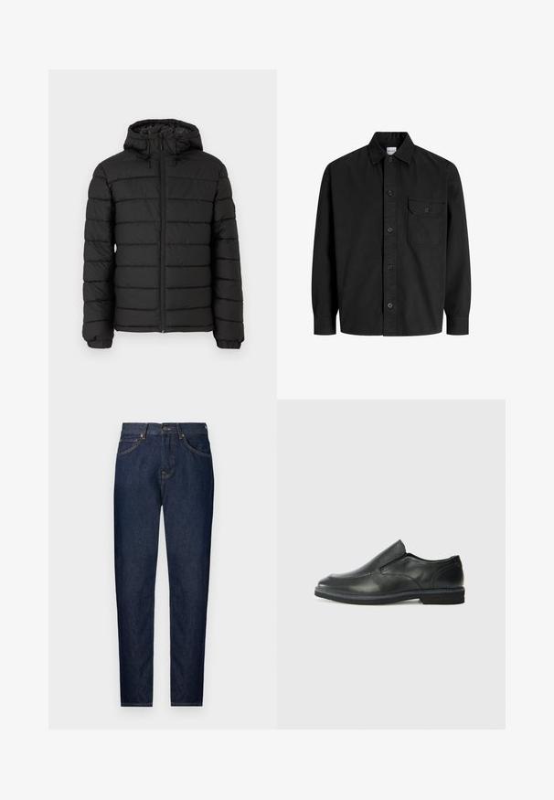 Black puffer jacket with a hood, quilted design, front zipper, elasticated cuffs, and a smooth texture, offering warmth and insulation.; Black long-sleeve button-up shirt with collar and single chest pocket featuring a buttoned flap.; Dark blue denim jeans with a slim fit, featuring five pockets, a zip fly, and contrasting golden stitching. Smooth texture with a classic design.; Black leather slip-on shoe with a smooth upper, stitched accents, rounded toe, and a low rubber heel. Sole features minimal tread.