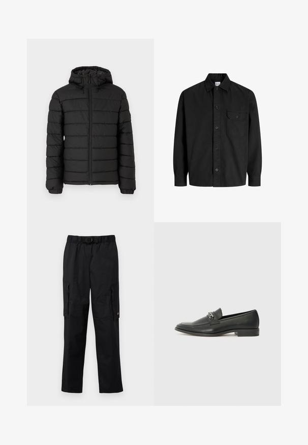 Must musta jope kapuutsiga, vatitud disainiga, ees lukuga, elastsete mansettidega ja siledast tekstuurist, pakkudes soojust ja isolatsiooni.; Must mustaheline nööbiga särgid, millel on krae ja üks rinna tasku, millel on nööbiga klapp.; Mustad musta värvi cargo püksid, millel on elastne vöökoht, reguleeritav rihm, mitmed küljetaskud ja sujuv, kerge kangatunne.; Must haveate nahkking punased, millel on sile viimistlus, tikitud muster ja dekoratiivne metallkett vampi üle. Tasane konts.