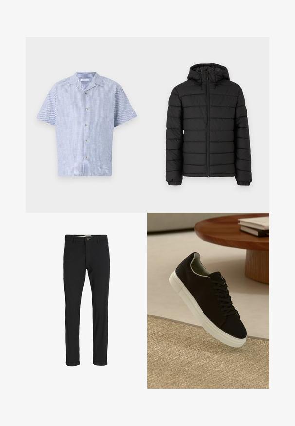 Giacca a vento nera con cappuccio, design trapuntato, zip frontale, polsini elasticizzati e una texture liscia, che offre calore e isolamento.; Camicia a maniche corte a righe verticali blu e bianche, con colletto e chiusura a cinque bottoni, realizzata in un tessuto leggero.; Pantaloni neri in cotone misto con vestibilità slim, dotati di chiusura con bottone, tasche e orli arrotolati per un look informale.; Sneaker nero con suola bianca che flotta sopra un tappeto beige testurizzato vicino a un tavolo rotondo in legno con libri impilati.