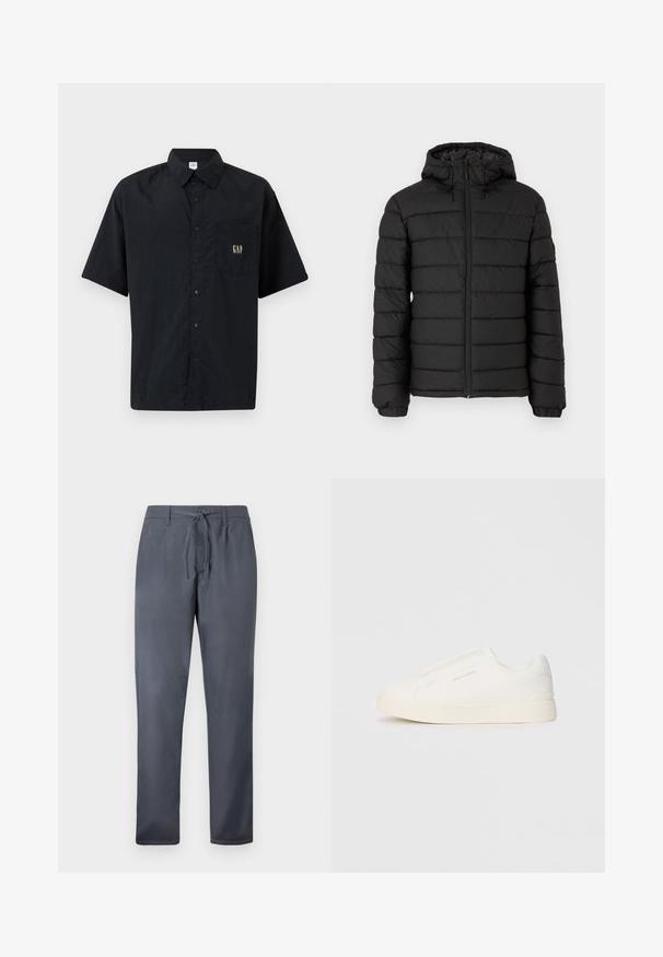 Fekete, kapucnis puffertakó, steppelt mintával, elöl cipzárral, rugalmas mandzsettákkal és sima textúrával, mely melegséget és szigetelést biztosít.; Rövid ujjú fekete gombos ing, könnyű anyagból, mellzsebbél és arany színű "GAP" logóval.; Szürke nadrág sima anyagból, húzózárral és oldalsó zsebekkel. Egyenes lábszárú dizájn, tiszta kialakítással.; Fehér slip-on sportcipők texturált felülettel, vastag talppal és minimalista dizájnnal. Az oldalon a márka logója található.