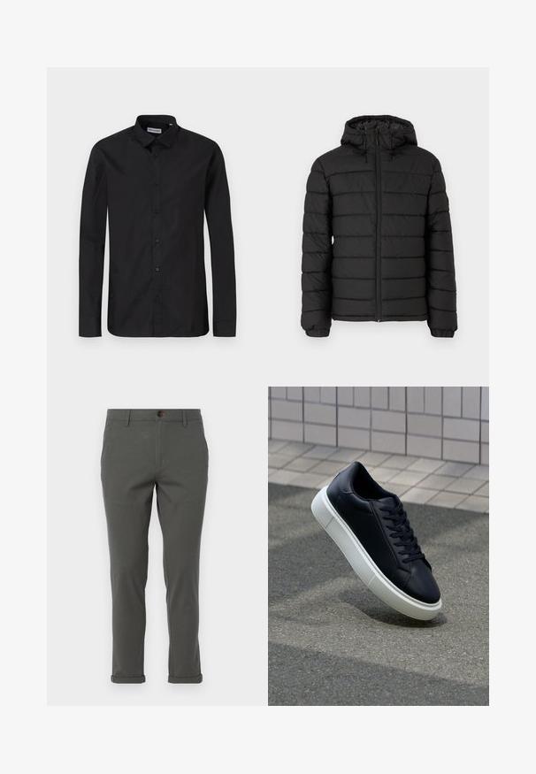 Czarna kurtka puchowa z kapturem, pikowany design, zamek błyskawiczny z przodu, elastyczne mankiety oraz gładka faktura, zapewniająca ciepło i izolację.; Czarna, długosleeve koszula zapinana na guziki z klasycznym kołnierzykiem, wykonana z gładkiego materiału, z guzikami na przodzie i regularnym krojem.; Szare spodnie z prostym krojem nogawek, wykonane z lekkiego materiału, z podwiniętym dołem i pojedynczym zapięciem na guzik z przodu.; Czarne skórzane sneakersy z okrągłym noskiem i białą gumową podeszwą. Posiadają płaskie sznurowadła i minimalne przeszycia na cholewce. Teksturowana podeszwa zapewnia przyczepność.