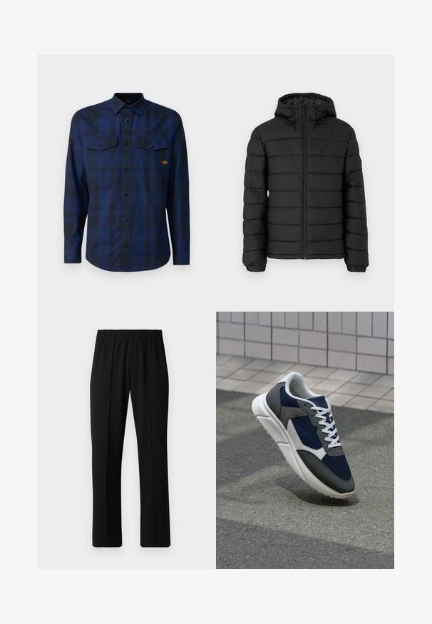 Svart puffjacka med huva, quiltad design, framdragkedja, elastiska ärmslut och en mjuk textur, som erbjuder värme och isolering.; G-STAR MARINE SLIM - Skjorta - imperial blue bold check; Svart, elastisk midja byxor med raka ben, med en mjuk yta och utan synliga mönster eller metalldetaljer.; Sko med överdel i marinblå mesh, grå mockadetaljer, vit gummisula och platta vita snören, designad för komfort och andningsförmåga.