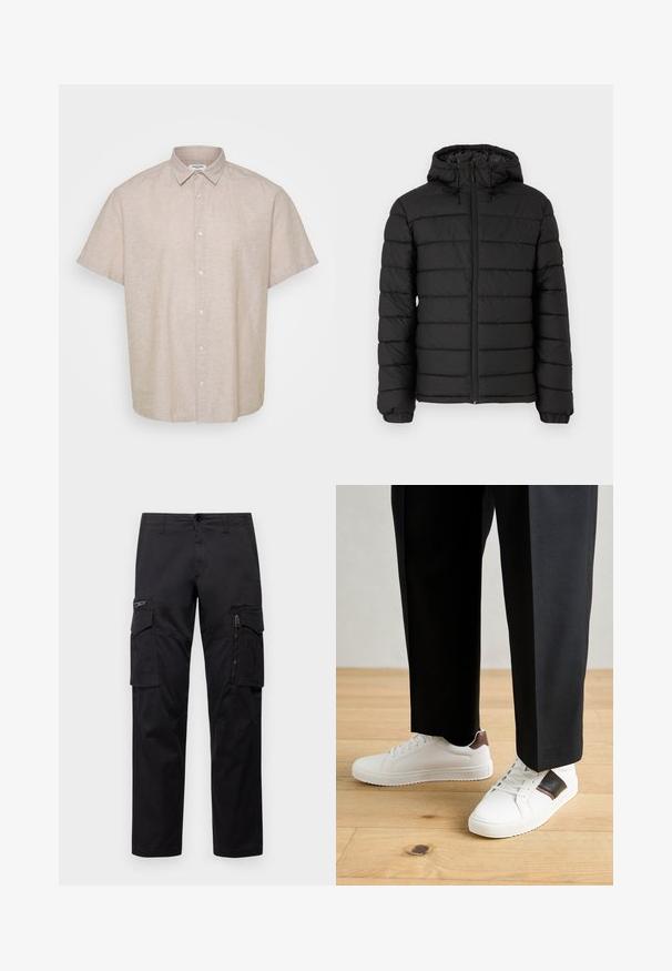 Doudoune noire avec capuche, motif matelassé, fermeture éclair à l'avant, poignets élastiqués et texture lisse, offrant chaleur et isolation.; Chemise à col et à manches courtes en lin beige clair. Présente un devant boutonné et une coupe ample avec une surface lisse et texturée.; Pantalons cargo noirs avec plusieurs poches, une poche zippée sur la cuisse, coupe droite et tissu en coton résistant avec un léger éclat.; Des sneakers blanches au texture lisse, avec des accents en cuir marron et des détails noirs, assorties à un pantalon noir ajusté. Fond en parquet.