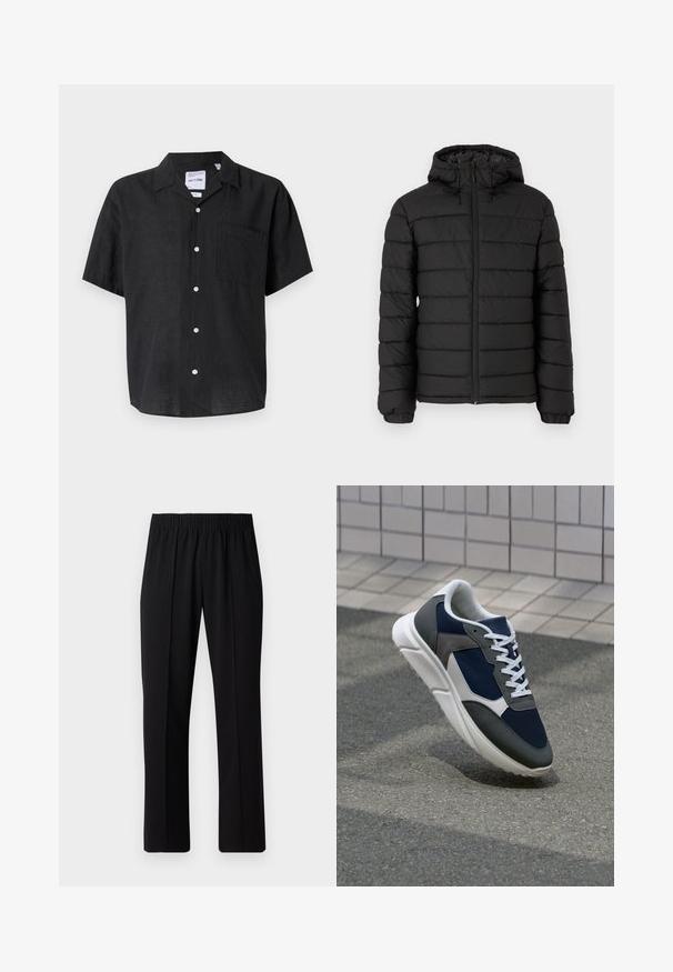 Geacă puffer neagră cu glugă, design matlasat, fermoar frontal, manșete elasticate și o textură netedă, oferind căldură și izolație.; Cămașă neagră cu mâneci scurte și nasturi, realizată din in. Prezintă un buzunar pe pieptul stâng și nasturi albi care contrastează cu textura țesăturii.; Pantaloni negri cu talie elastică, cu un design cu picioare drepte, având o textură netedă și fără modele sau accesorii vizibile.; Adidași cu un uppers din plasă albastră închisă, accente din suede gri, talpă din cauciuc alb și șireturi plate albe, concepuți pentru confort și respirabilitate.