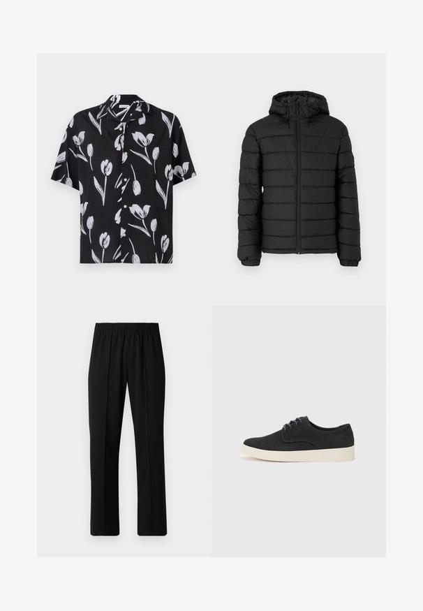 Svart pufferjakke med hette, quiltet design, glidelås foran, elastiske mansjetter og en glatt tekstur som gir varme og isolasjon.; Kortermet svart skjorte med hvit tulipanmønster, med knapper foran og avslappet passform. Laget av lettvektig stoff med en glatt tekstur.; Svart, elastisk midjebukser med rett ben-design, med en glatt tekstur og uten synlige mønstre eller maskinvare.; Sorte svinedersko med snøring og rund tå, lett kremfarget såle og subtile blå broderi detaljer på overdelen.