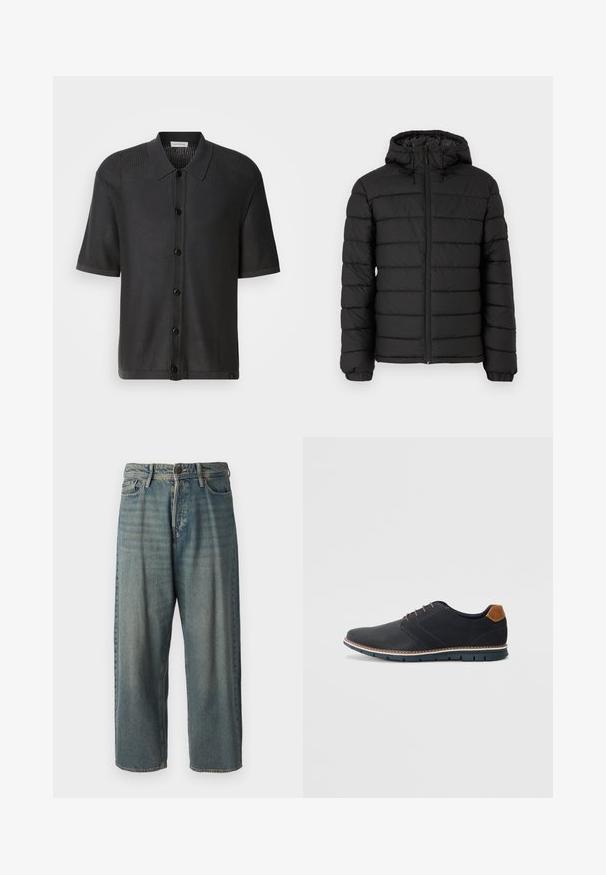 Casaco puffer preto com capuz, design acolchoado, fecho frontal com zíper, punhos elásticos e uma textura suave, oferecendo calor e isolamento.; Camisa preta de mangas curtas com textura em rede, botão na frente e colarinho. Apresenta uma bainha lisa e uma marcação subtil na parte inferior.; Jeans de ganga azul claro com um corte solto, cintura média e pernas retas. Apresenta cinco bolsos, passadores de cinto e fecho com botão.; Sapatos sintéticos pretos com um upper texturizado, pormenores lisos, salto castanho e uma sola contrastante. Apresentam um sistema de atacadores mínimo e detalhes de costura.