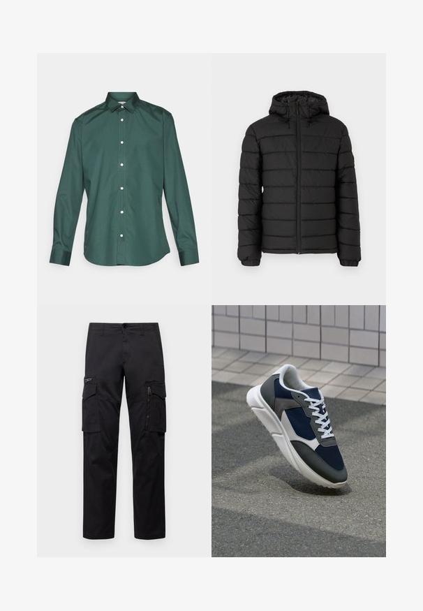 Černá péřová bunda s kapucí, prošívaný design, přední zip, elastické manžety a hladká textura, nabízí teplo a izolaci.; Zelená košile na knoflíky vyrobená z hladké tkaniny, s klasickým límečkem, dlouhými rukávy a bílými knoflíky vpředu. Bez vzorů.; Černé cargo kalhoty s několika kapsami, zipovou kapsou na stehnu, přímým střihem a pevnou bavlněnou tkaninou s lehkým leskem.; Tenisky s horní částí z námornicky modré síťoviny, šedými semišovými akcenty, bílou gumovou podrážkou a plochými bílými tkaničkami, navržené pro pohodlí a prodyšnost.