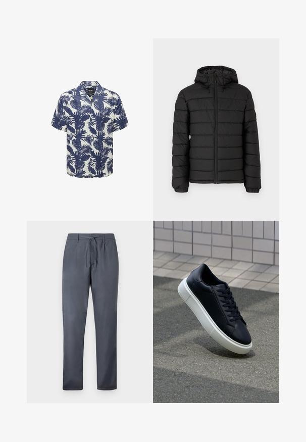 Giacca a vento nera con cappuccio, design trapuntato, zip frontale, polsini elasticizzati e una texture liscia, che offre calore e isolamento.; Camicia a maniche corte in tessuto bianco con un motivo di foglie di palma blu navy. Presenta un colletto e una chiusura frontale con bottoni, con una vestibilità morbida.; Pantaloni grigi realizzati in tessuto morbido, dotati di chiusura con cordoncino e tasche laterali. Design a gamba dritta con una finitura pulita.; Sneaker in pelle nera con punta arrotondata e suola in gomma bianca. Presenta lacci piatti e cuciture minime sulla parte superiore. Suola testurizzata per una migliore aderenza.