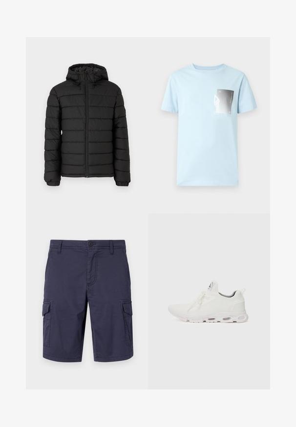 Black puffer jacket with a hood, quilted design, front zipper, elasticated cuffs, and a smooth texture, offering warmth and insulation.; Light blue cotton t-shirt with short sleeves and a round neckline. Features a rectangular graphic in black and white on the left chest.; Navy blue cargo shorts made of durable fabric, featuring side pockets, a button closure, and a textured finish.; White athletic shoes featuring a textured knit upper, flat laces, and a cushioned sole with visible air chambers for added support.