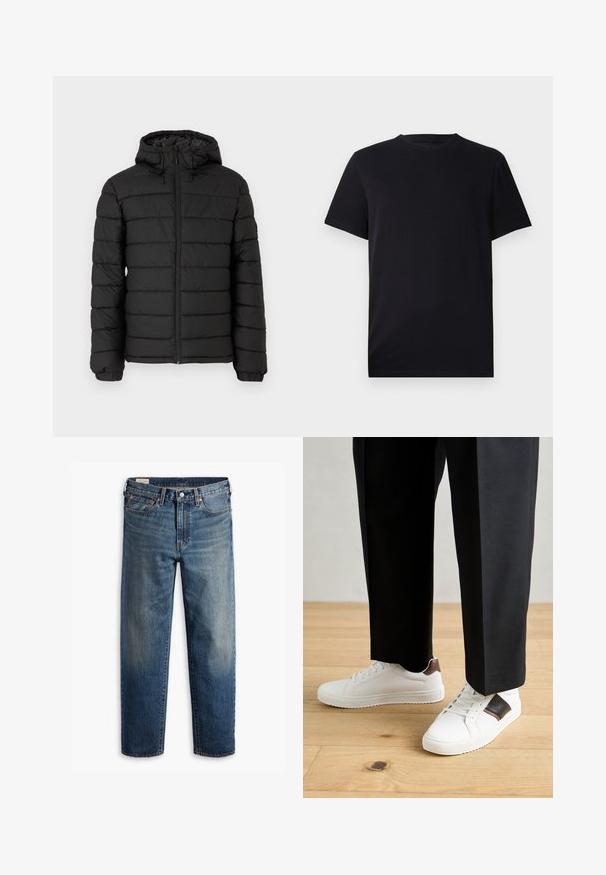 Czarna kurtka puchowa z kapturem, pikowany design, zamek błyskawiczny z przodu, elastyczne mankiety oraz gładka faktura, zapewniająca ciepło i izolację.; Czarna krótka koszulka z krótkim rękawem, wykonana z gładkiej bawełny, z okrągłym dekoltem i klasycznym krojem, bez wzorów i widocznych elementów metalowych.; Ciemnoniebieskie dżinsy z denimu o luźnym kroju, prostych nogawkach, pięciokieszeniowym wzorze i subtelnym blaknięciem na udach. Srebrny guzik i nity.; Białe trampki o gładkiej fakturze, z brązowymi skórzanymi akcentami i czarnymi detalami, zestawione z czarnymi eleganckimi spodniami. Tło stanowi drewniana podłoga.