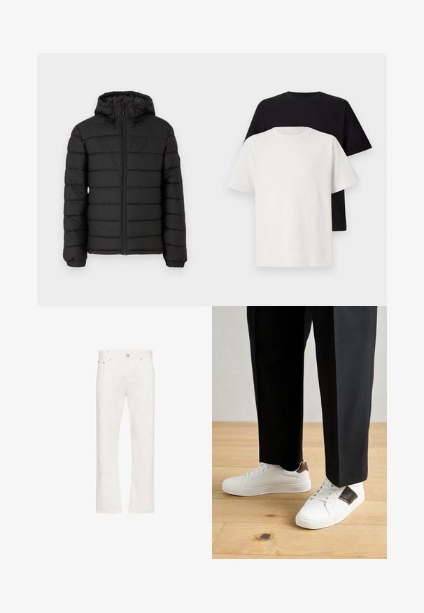 Must musta jope kapuutsiga, vatitud disainiga, ees lukuga, elastsete mansettidega ja siledast tekstuurist, pakkudes soojust ja isolatsiooni.; Puuvillane t-särkide komplekt, mis sisaldab musta ja valget särk, mõlemad lühikeste varrukatega, ümmarguse kaelusega ja standardse lõikega. Tekstuuriga kangas.; Valged teksapüksid sirge lõikega, viie tasku disainiga ja nähtava õmblusega. Omab nupu sulgemist ja vöökonte.; Valged sneakersid siledat tekstuurist, millel on pruunad nahast detailid ja mustad aksessuaarid, millele on sobitatud mustad kohandatud püksid. Puitpõranda taust.