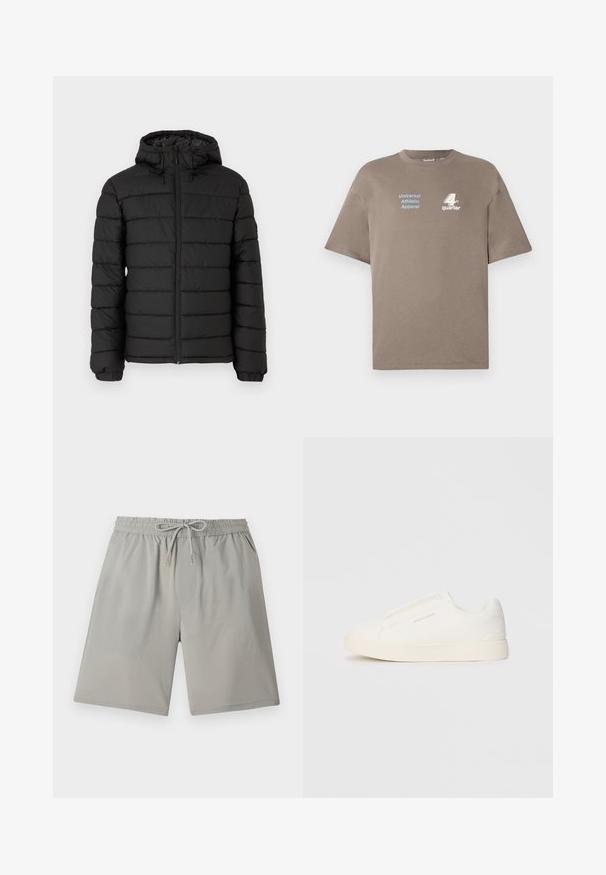 Casaco puffer preto com capuz, design acolchoado, fecho frontal com zíper, punhos elásticos e uma textura suave, oferecendo calor e isolamento.; T-shirt de algodão castanho com decote redondo. Apresenta texto azul "Universal Athletic Apparel" e o logótipo branco "4th quarter" na parte da frente. Mangas curtas.; Calções cinzentos claros com cintura elástica, cordão ajustável, bolsos laterais e uma textura macia e suave.; Sapatilhas brancas de atacar com uma superfície texturizada, sola grossa e design minimalista. Possui o logo da marca na lateral.