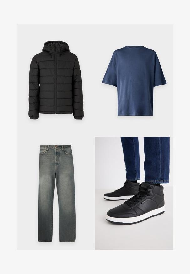 Fekete, kapucnis puffertakó, steppelt mintával, elöl cipzárral, rugalmas mandzsettákkal és sima textúrával, mely melegséget és szigetelést biztosít.; Tengerészkék, rövid ujjú póló, puha anyagból készült, klasszikus kerek nyakkal és laza szabással, látható minták vagy díszítések nélkül.; Jack & Jones JJIALEX JJCOOPER - Túlméretezett farmernadrág - black denim; Fekete magas szárú tornacipők texturált bőrből, fekete fűzőkkel, fehér gumitalppal és egy kis logóval oldalán.